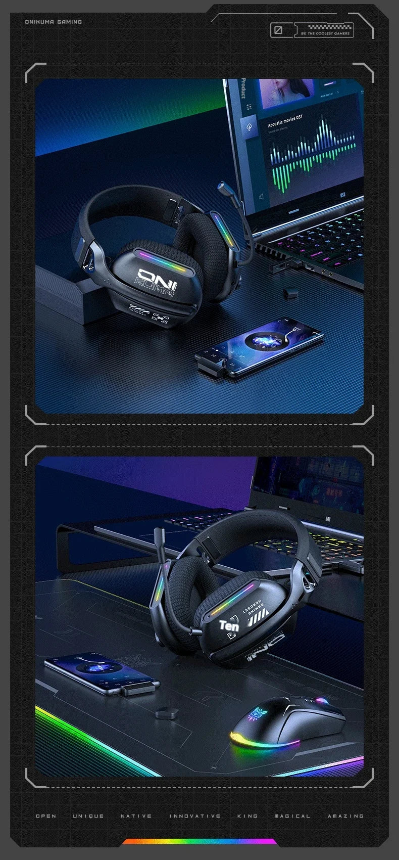 ONIKUMA Wireless Gaming Headset 2.4G/Wired/Bluetooth 3 Modes Bendable HD Mic Soft Ear Pads Immersive Sound for PC/PS4/5 GT808