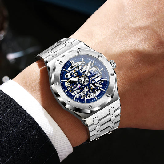 Montre mécanique squelette de précision BINBOND pour homme, montre de luxe lumineuse, étanche, automatique, en acier inoxydable robuste.