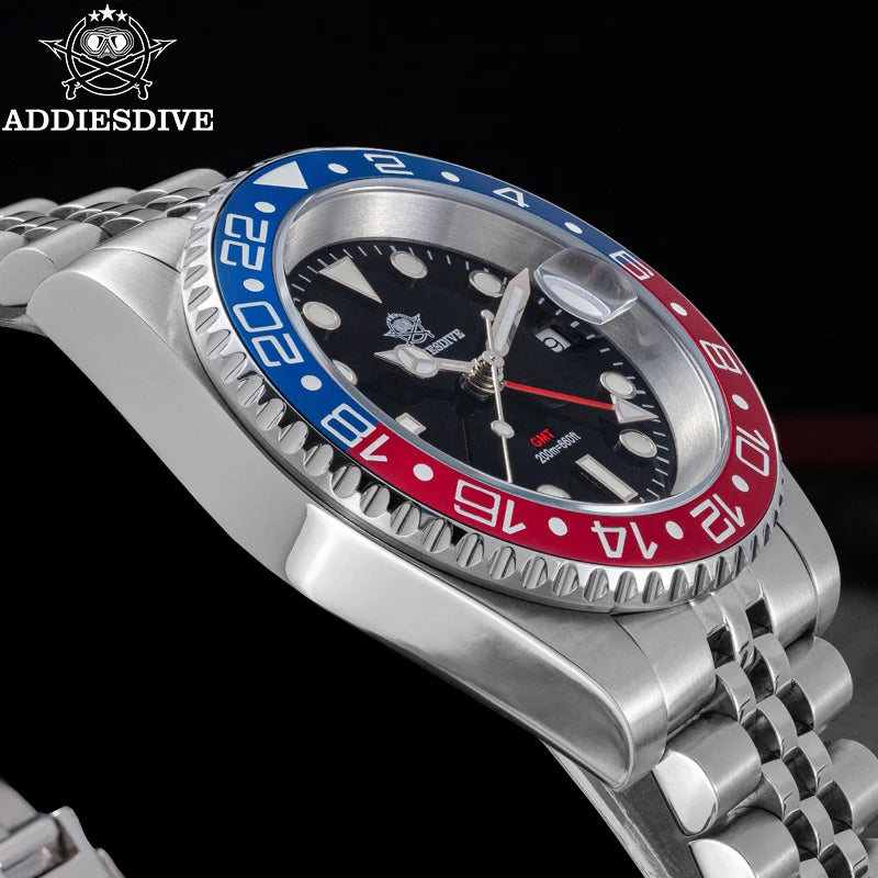 ADDIESDIVE AD2050 Men GMT Watch Swiss Ronda 515-24 BGW9 Super Luminous 20Bar Waterproof reloj 316L Stainless Steel Quartz Watch