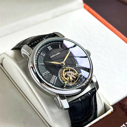Reloj mecánico automático para hombre: elegante diseño calado, estilo «business casual» de moda, caja de aleación y correa de piel, sin pila