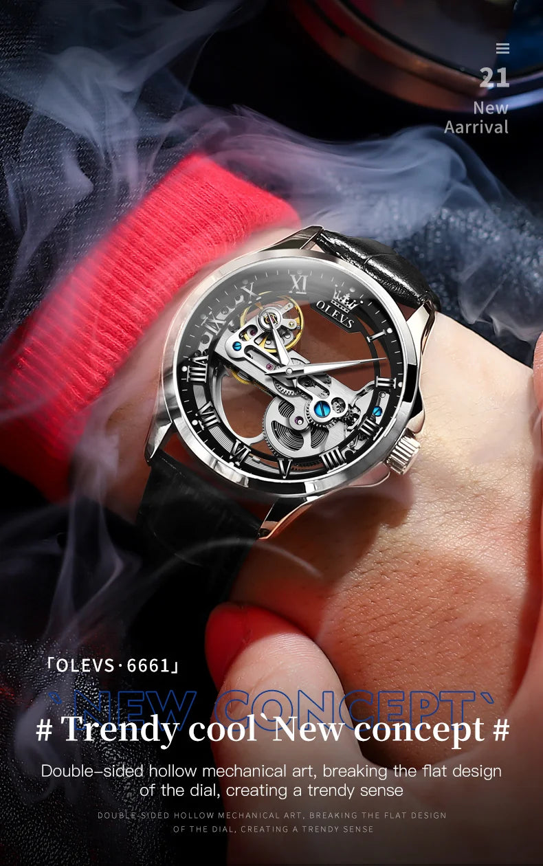 OLEVS 6661 Automatic Watch For Men Skeleton Original Mechanical Movement Man Wristwatch Waterproof Luminous Sport Men's Watches