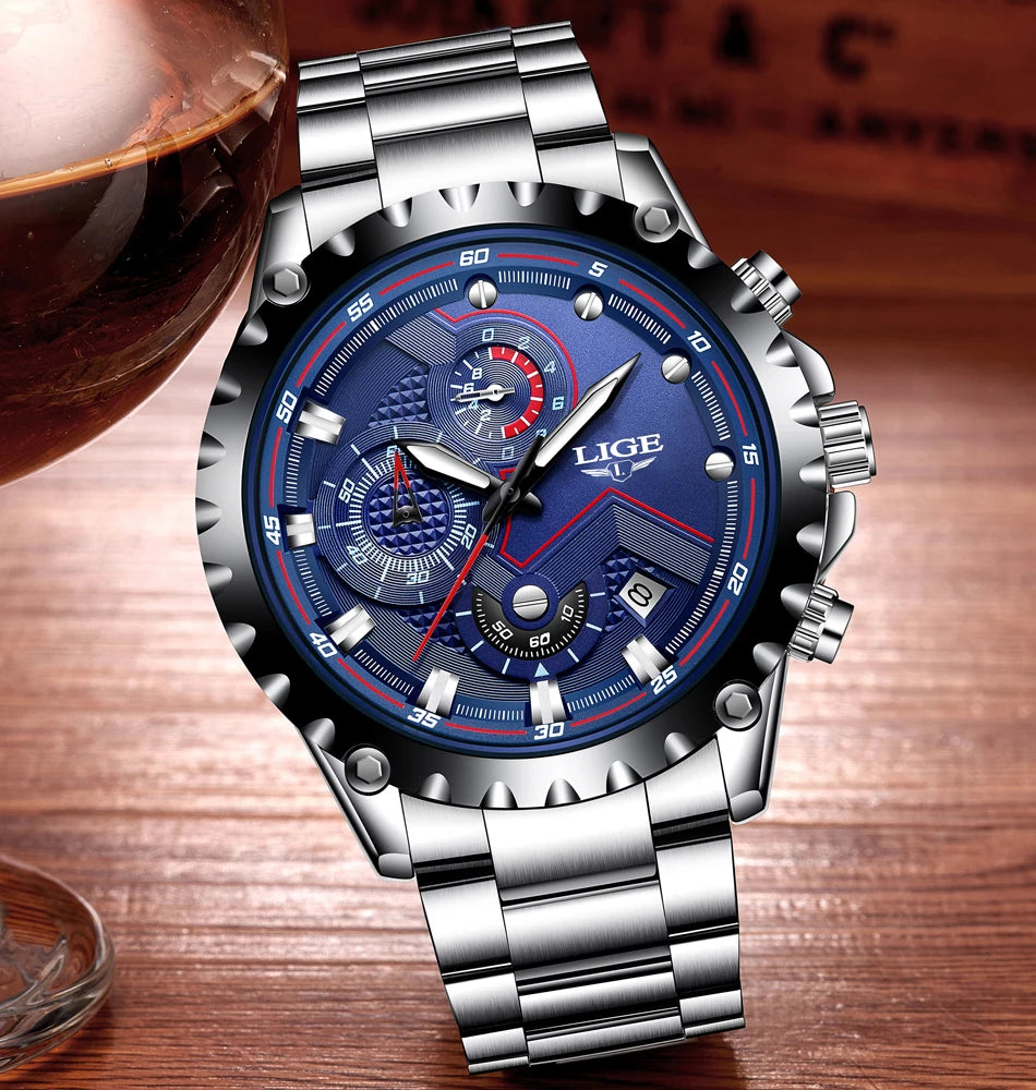 Reloj para hombre LIGE: reloj de cuarzo de última tendencia, marca de lujo, totalmente de acero, estilo profesional, resistente al agua y deportivo. Se entrega con estuche.