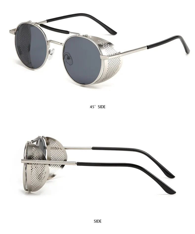 2023 Steampunk Side Wind Proof Mesh Flip Round Metal Sunglasses