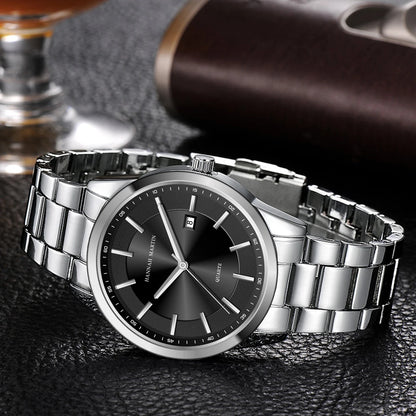 Kvartzové hodinky HANNAH MARTIN, 40 mm, pánske, náramok z čiernej nehrdzavejúcej ocele, vodotesné do 3 barov, štýl sport-chic