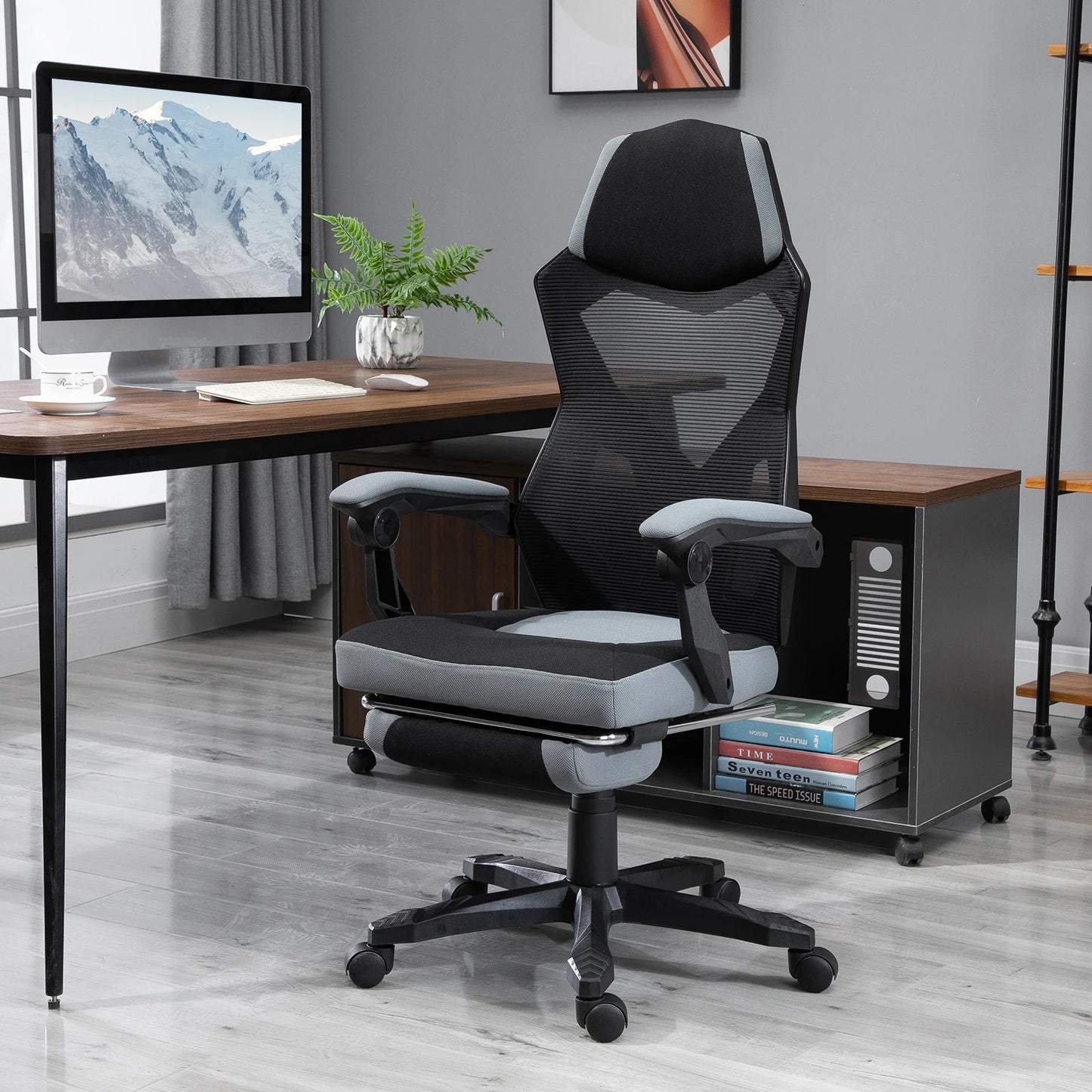 Office chair, gaming armchair, height adjustable, backrest, swivel, casters, footrest, mesh gaming chair, multi-purpose chair