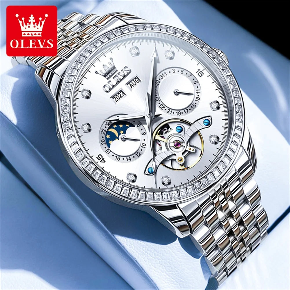 OLEVS 7016 Automatic Man Watch Stainless Steel Diamond Bezel Skeleton Flywheel Moon Phase Luminous Waterproof Mechanical Watches