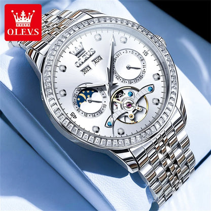 OLEVS 7016 Automatic Man Watch Stainless Steel Diamond Bezel Skeleton Flywheel Moon Phase Luminous Waterproof Mechanical Watches