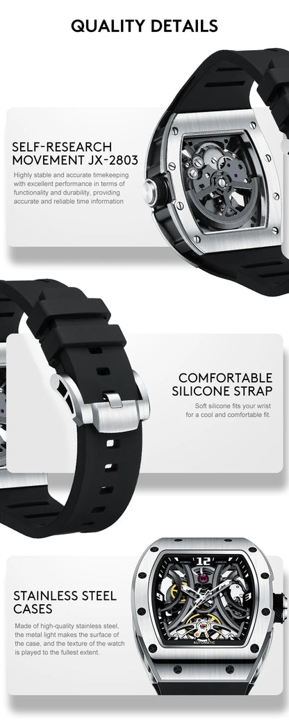 New Style automatic watch tonneau dial silicone strap waterproof sport mechanical wristwatch stainless steel 2026