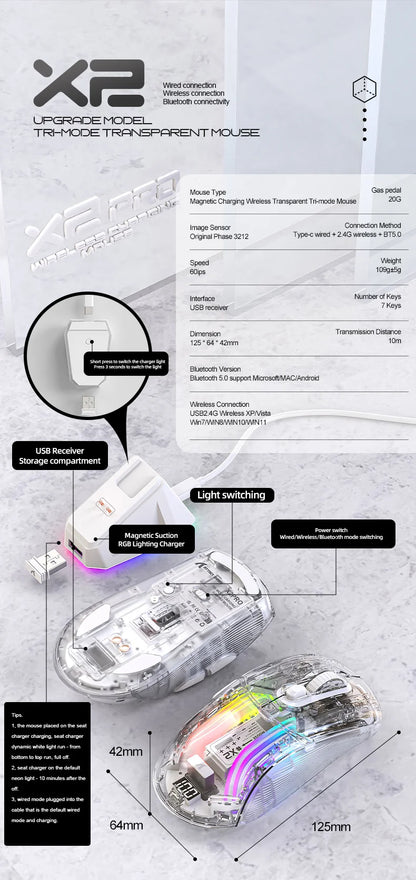 Attack Shark X2PRO Bluetooth Mouse, Tri-Mode , RGB Lights, Magnetic Charging ,Transparent, Battery Indicator, Computer Phone
