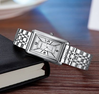 Reloj cuadrado para hombre BERNY – Movimiento de cuarzo, esfera con números romanos, indicación luminiscente, caja de acero inoxidable 316L – Reloj rectangular elegante y desenfadado