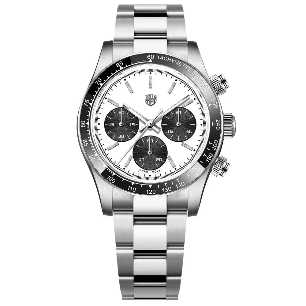 Montres pour hommes Rolls Timi Panda – Chronographe à quartz, modèle de luxe, verre saphir avec traitement antireflet, étanche, style sportif