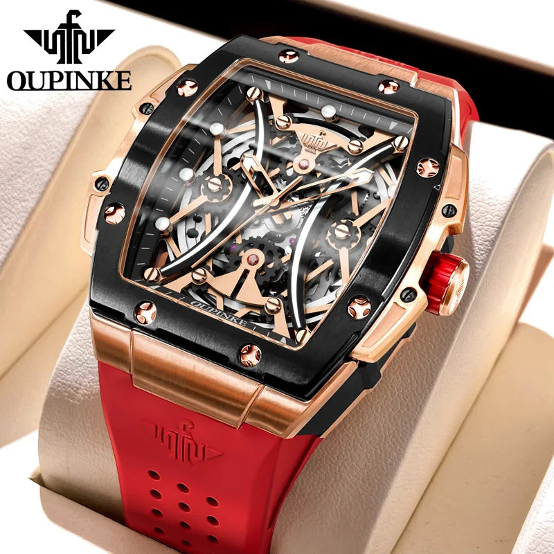 OUPINKE Men's Watches Classic Luxury Tonneau Dial Top Brand Original Automatic Mechanical Wristwatch Silicone Strap Sapphire New