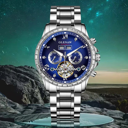 Reloj mecánico multifunción GLENAW – Modelo para hombre, estilo ejecutivo y desenfadado, correa de acero inoxidable, resistente al agua, con calendario – Reloj de lujo