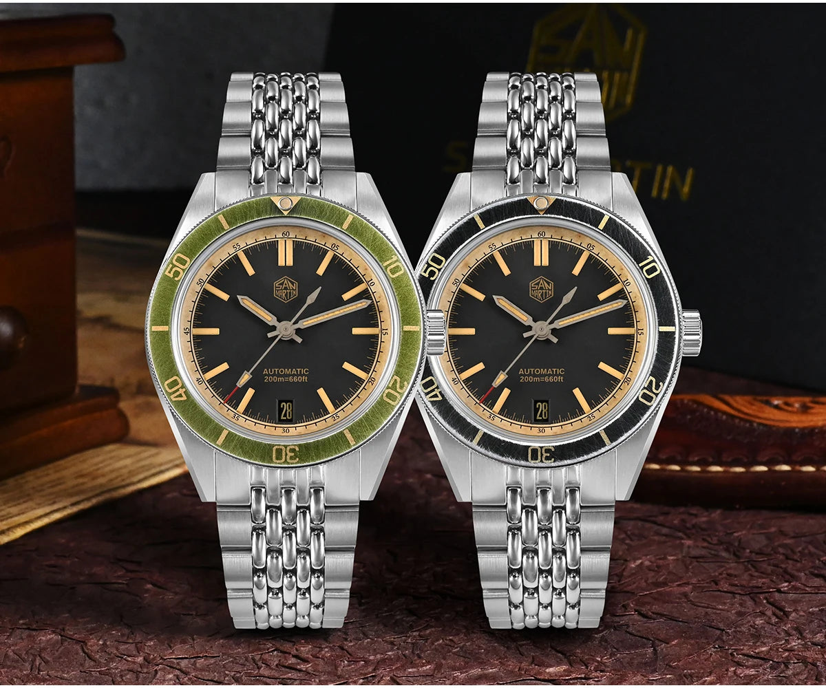 San Martin 39.5mm Men Dive Watch Vintage Distressed Effect NH35 Automatic Mechanical Watch Waterproof 200m C3 Lume SN0116 Reloj