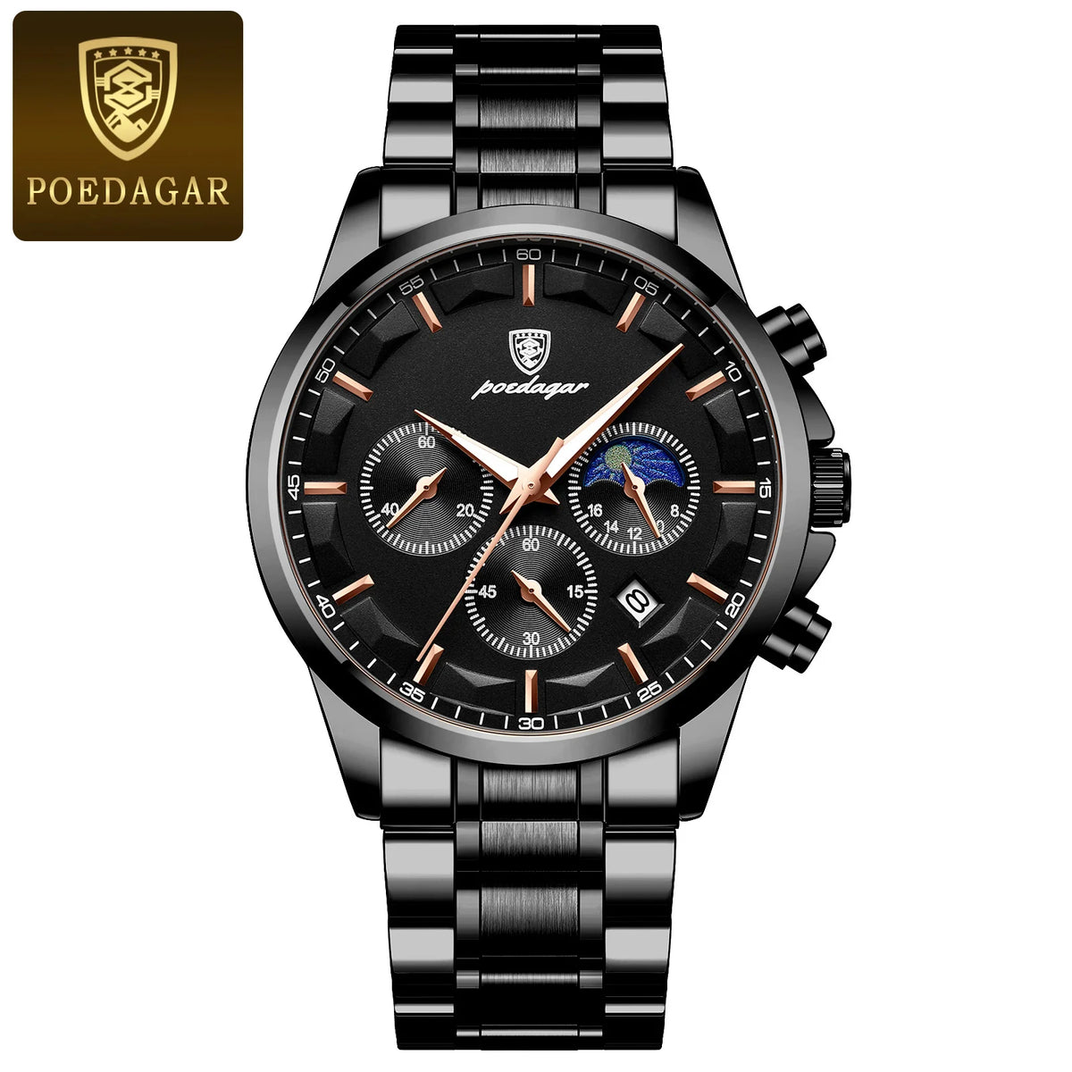 Montre-bracelet de luxe pour homme POEDAGAR, style militaire, étanche, lumineuse, chronographe, en acier inoxydable, à quartz, avec boîte.