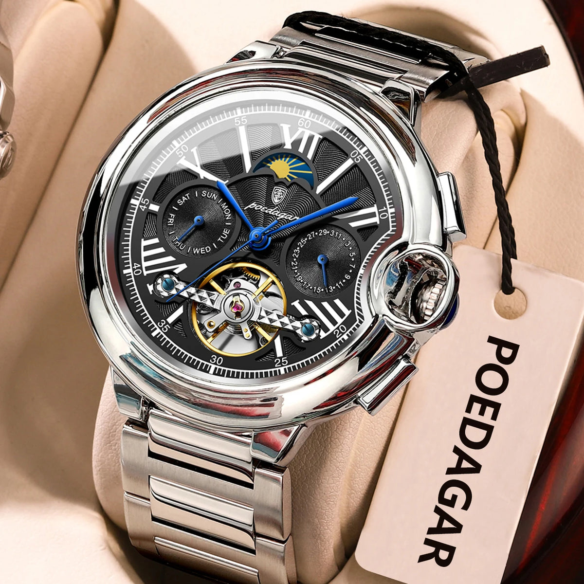 Reloj para hombre POEDAGAR, de estilo lujoso y profesional, con indicador de fecha y día, tourbillon, caja de acero inoxidable, movimiento mecánico automático y resistencia al agua.