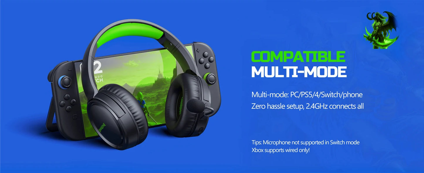 BINNUNE 2.4GHz Wireless Gaming Headphones BW02 with Flip Mic Bluetooth Headsets Gamer for Ps5/4,PC,Mac,Laptop,Computer