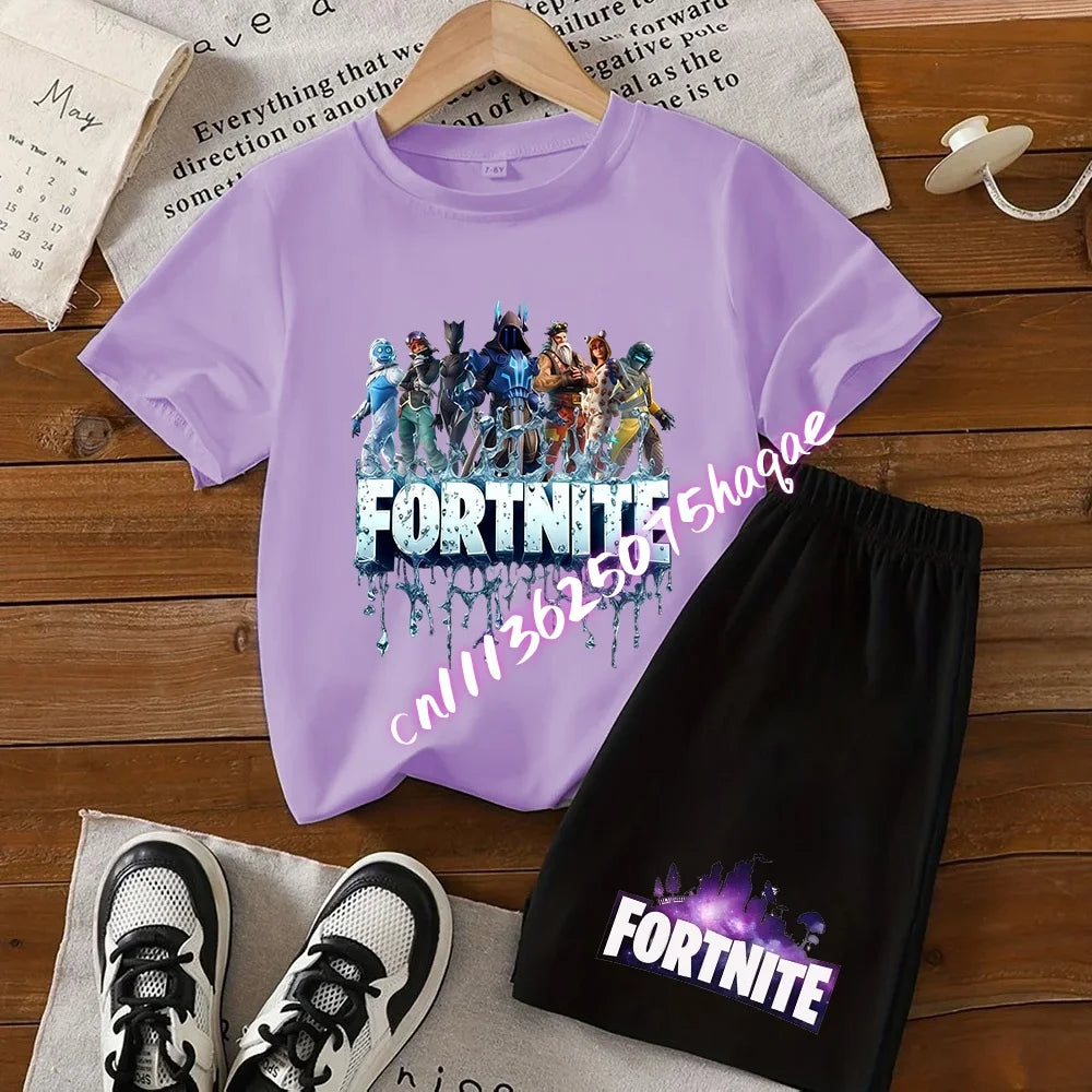 Sommerliches Fortnite-Kinder-Set: T-Shirt und Shorts, 2-teilig, Anime-Design, kurzärmelig, aus Baumwolle, lässige Sportbekleidung, Geschenkidee