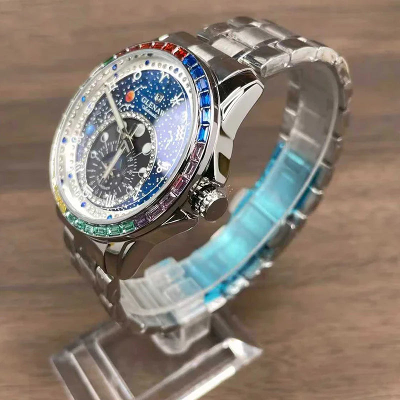 GLENAW Watches Original Design Diamond Constellation Rotating Dial Stainless Steel Luxury Men's Automatic Mechanical Watch P8719