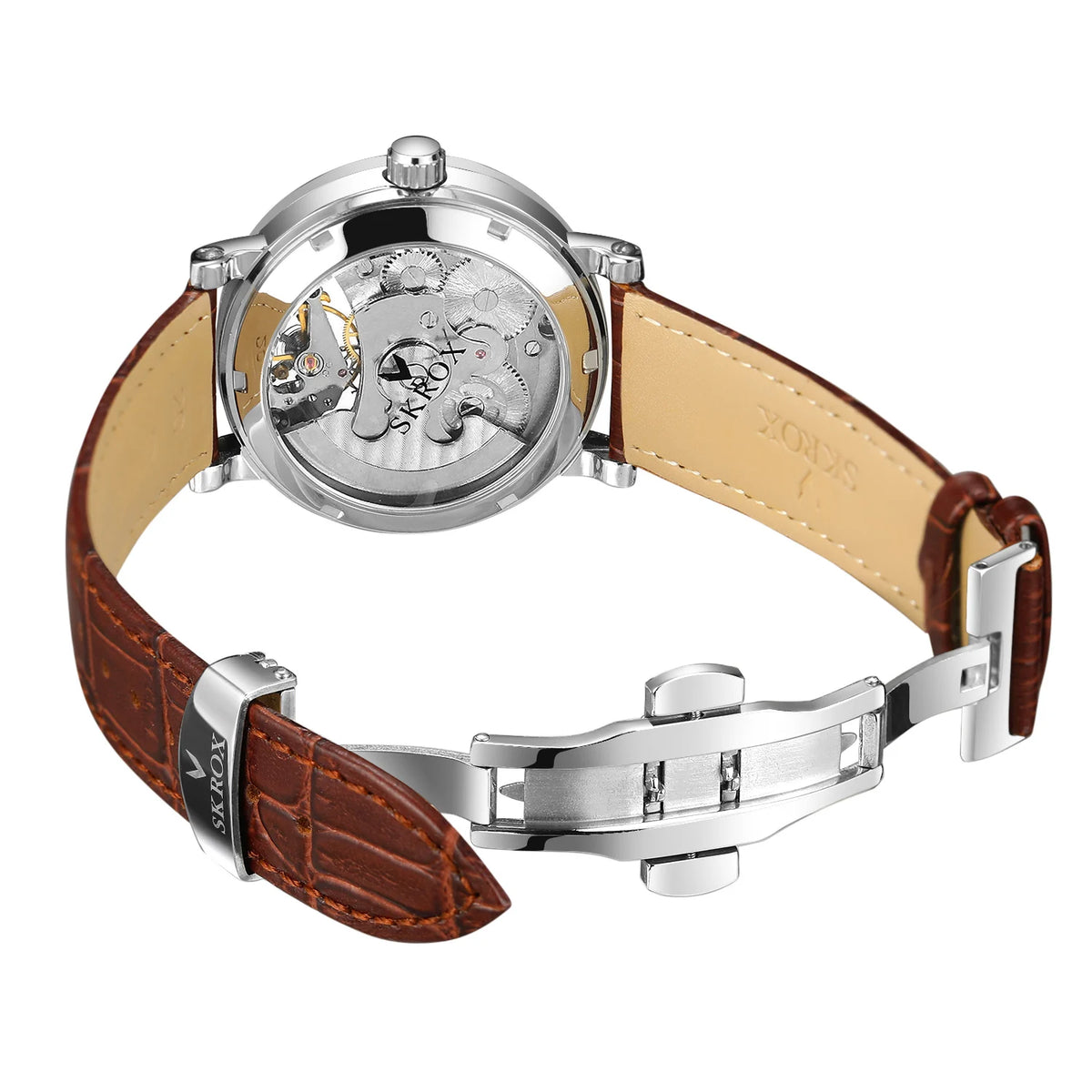 Montre-bracelet mécanique automatique SKROX pour homme, modèle squelette avec fonction GMT, phase de lune et tourbillon – Montre de luxe haut de gamme, élégante et originale.