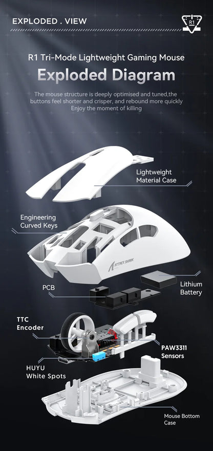 Attack Shark R1 lahka brezžična gaming miška Bluetooth 2.4G PAW3311 18000DPI ergonomska miška z makri