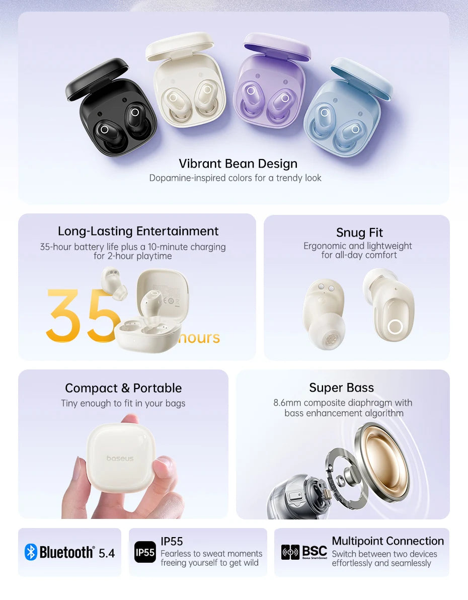 Baseus Bass BD1 Wireless Earphones Bluetooth 5.4 Mini Bean Earbuds 38H Playtime IP55 Waterproof Sports Headphones