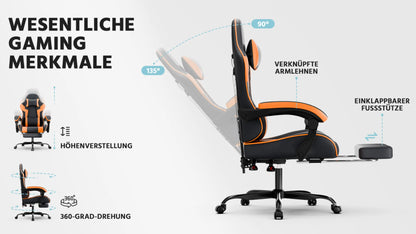 Ergonomic PU leather gaming chair with lumbar support, adjustable height and backrest, 200KG load capacity, black orange
