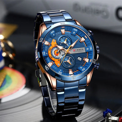 Reloj de lujo para hombre CURREN 8402, nuevo, de acero inoxidable, hermético, con cronógrafo y luz nocturna.
