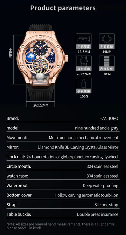 HANBORO Rose Gold Starry Sky Hollow Flywheel Moon Phase Automatic Mechanical Watch Luxury Space Theme Sports Watch 980