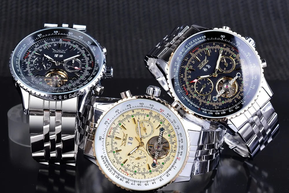 Montre mécanique automatique rétro de luxe JARAGAR 034, tourbillon, squelette creux, acier inoxydable, calendrier de la semaine, montre pour homme