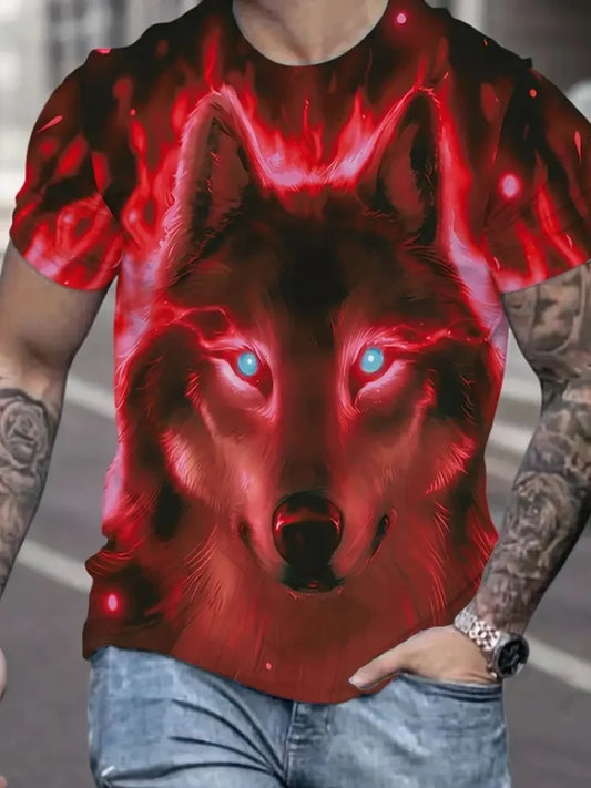 Men 3D Pattern Fire Wolf Graphic Print T-Shirt Summer Oversized Causal T-Shiet Men's Fashion Fitness Short Sleeve Clothing Tops