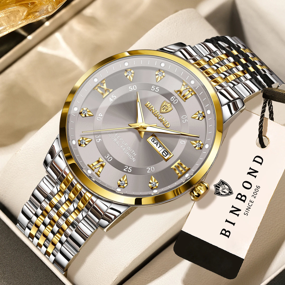 Reloj de pulsera de cuarzo de lujo BINBOND para hombre: resistente al agua, luminiscente y con indicador del día de la semana; estilo ejecutivo, deportivo, de moda y desenfadado