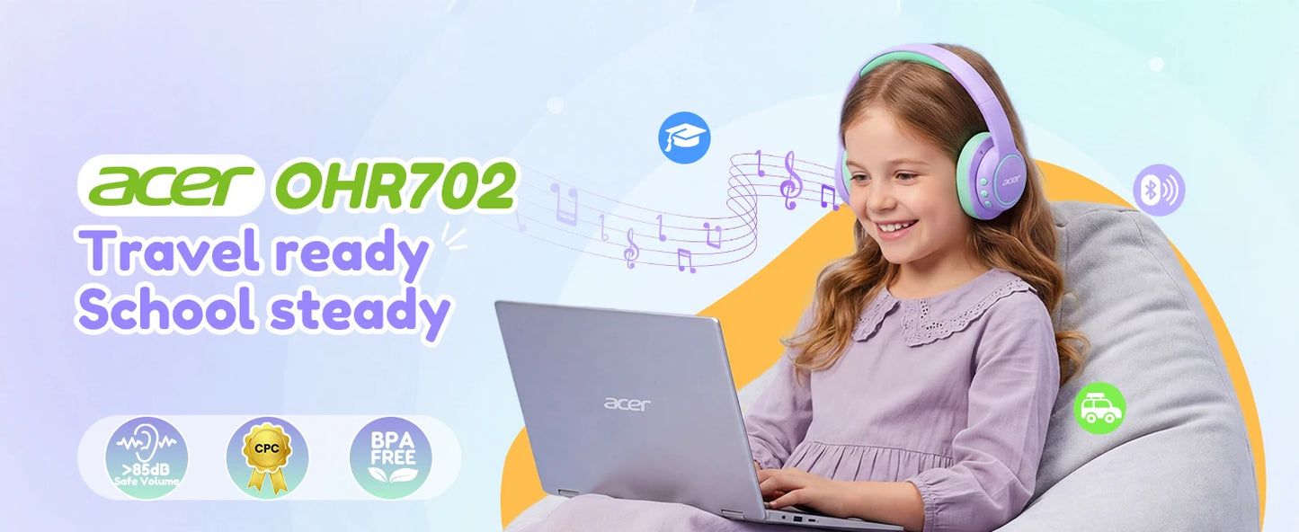 Acer Kids Bluetooth 6.0 Headphones Over Ear Headsets with Mic 75H Playtime 85dBA Safe Volume USB C Fast Charging for IPad Tablet
