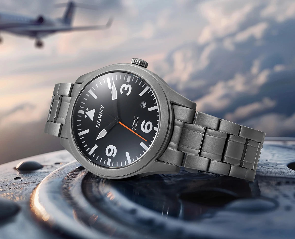 BERNY Aviation Top Titanium Mechanical Men Watch Sapphire AR Coating Supper Luminous 10Bar Sport Watch Titanium Aviation Watches