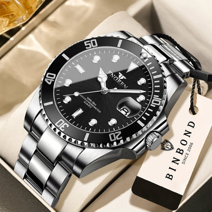 Montre-bracelet à quartz FNGEEN Son Brand de BINBOND avec bracelet en acier inoxydable pour homme, lumineuse et étanche, de luxe.