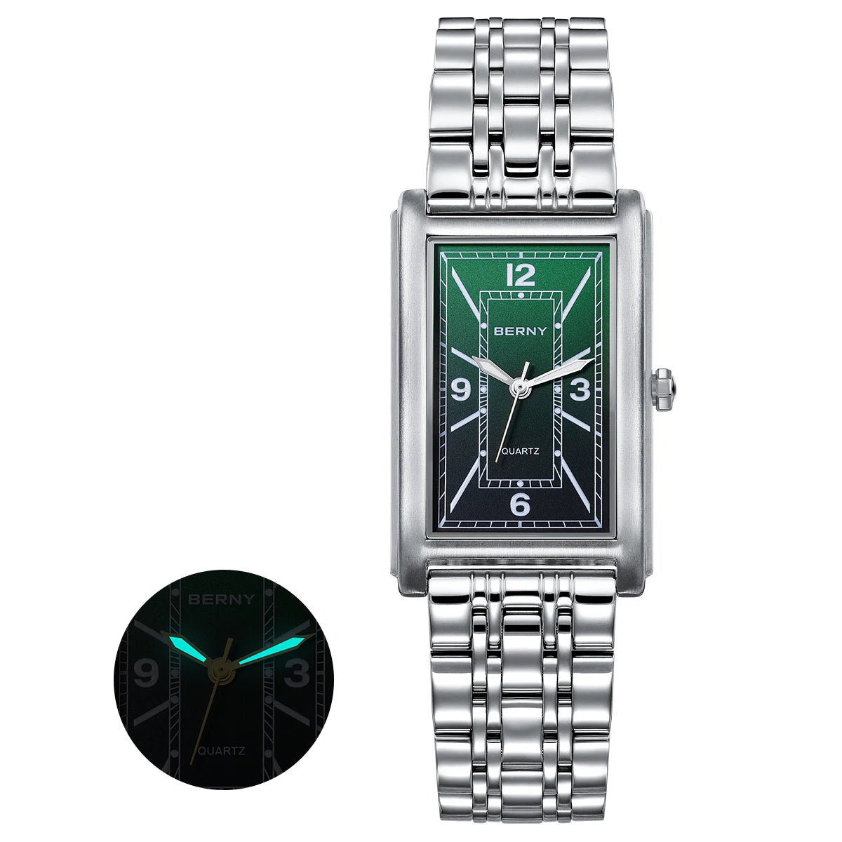 Reloj cuadrado para hombre BERNY – Movimiento de cuarzo, esfera con números romanos, indicación luminiscente, caja de acero inoxidable 316L – Reloj rectangular elegante y desenfadado