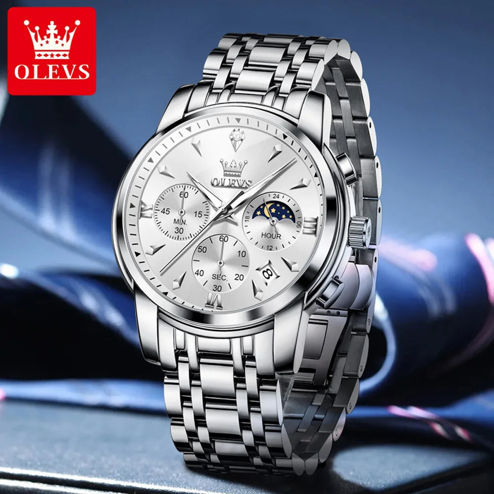 OLEVS 3639 Top Brand Original Luxury New Quartz Watch Stainless Steel Watch For Men Waterproof Luminous Moon Phase Mens Watch