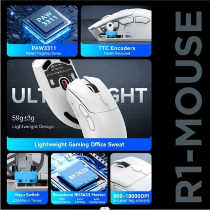 Ratón gaming inalámbrico Bluetooth Attack Shark R1 2.4G USB, 18K DPI, PAW3311, conectividad tri-modo, ligero 59g, para PC, portátil y Mac