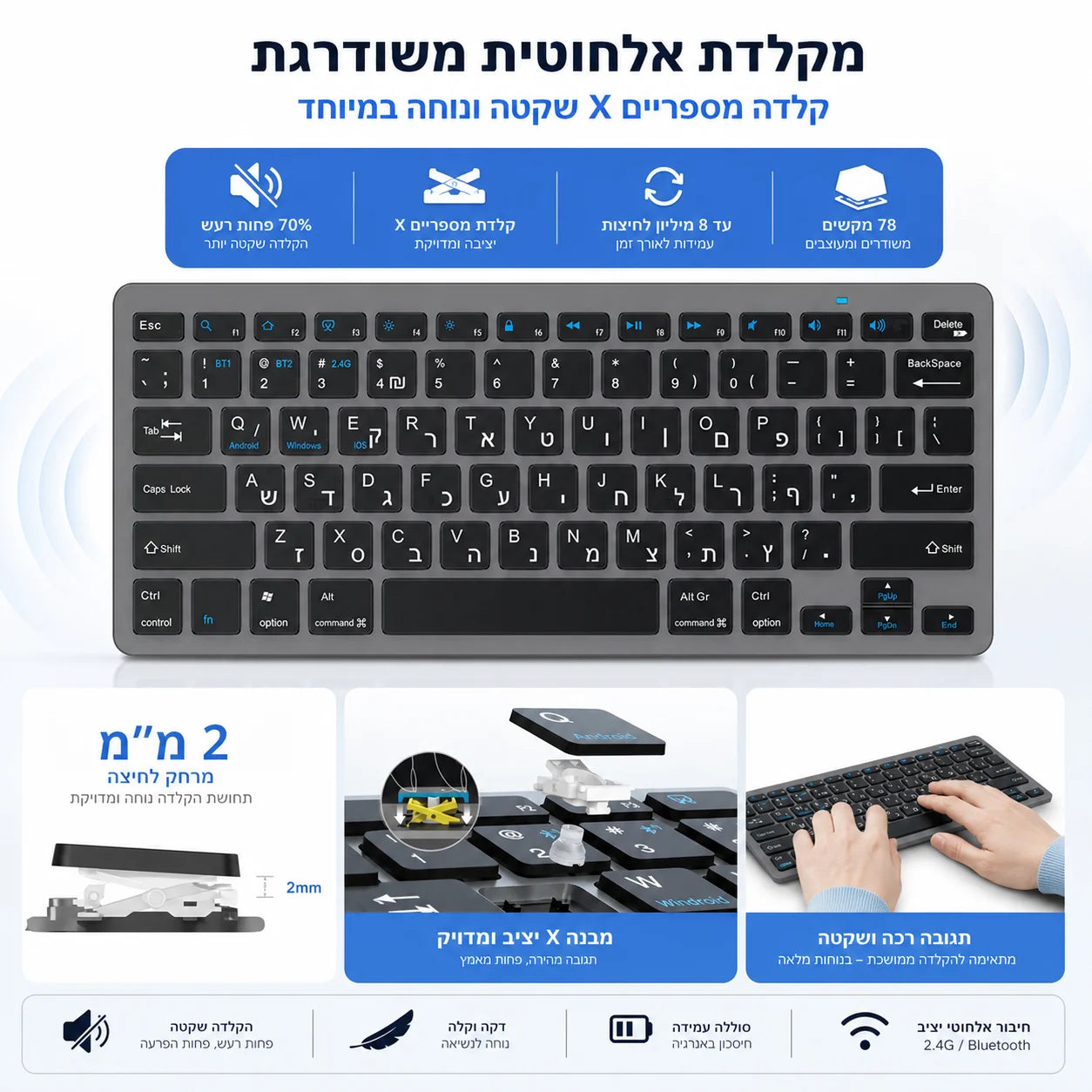 Ultra Slim Hebrew Bluetooth & 2.4G Dual Mode Keyboard Israel Wireless Keyboard Low noise for iOS iPad Android Tablets Windows