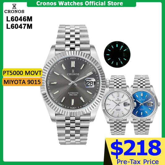Cronos DateJ Luxury Men Watch Stainless Steel 5 Links Bracelet PT5000 Miyot 9015 100m Water Resistant Sapphire L6046M