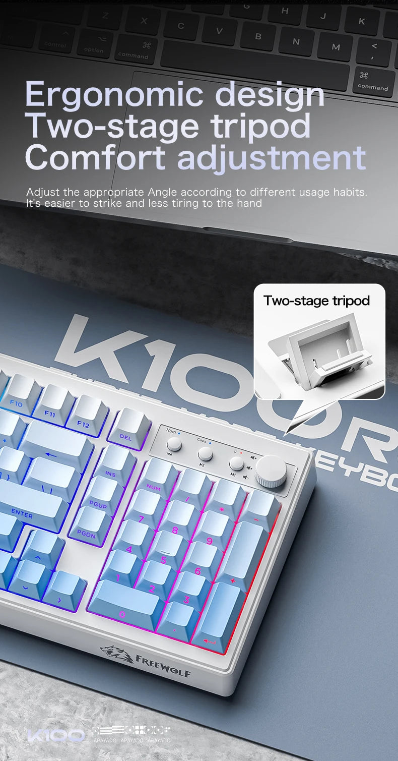 FREEWOLF K100 Wireless Keyboard Quiet with Media Knob|Side-print Backlit|4000mAh|26-Key Rollover Mechanical Feel Keyboard