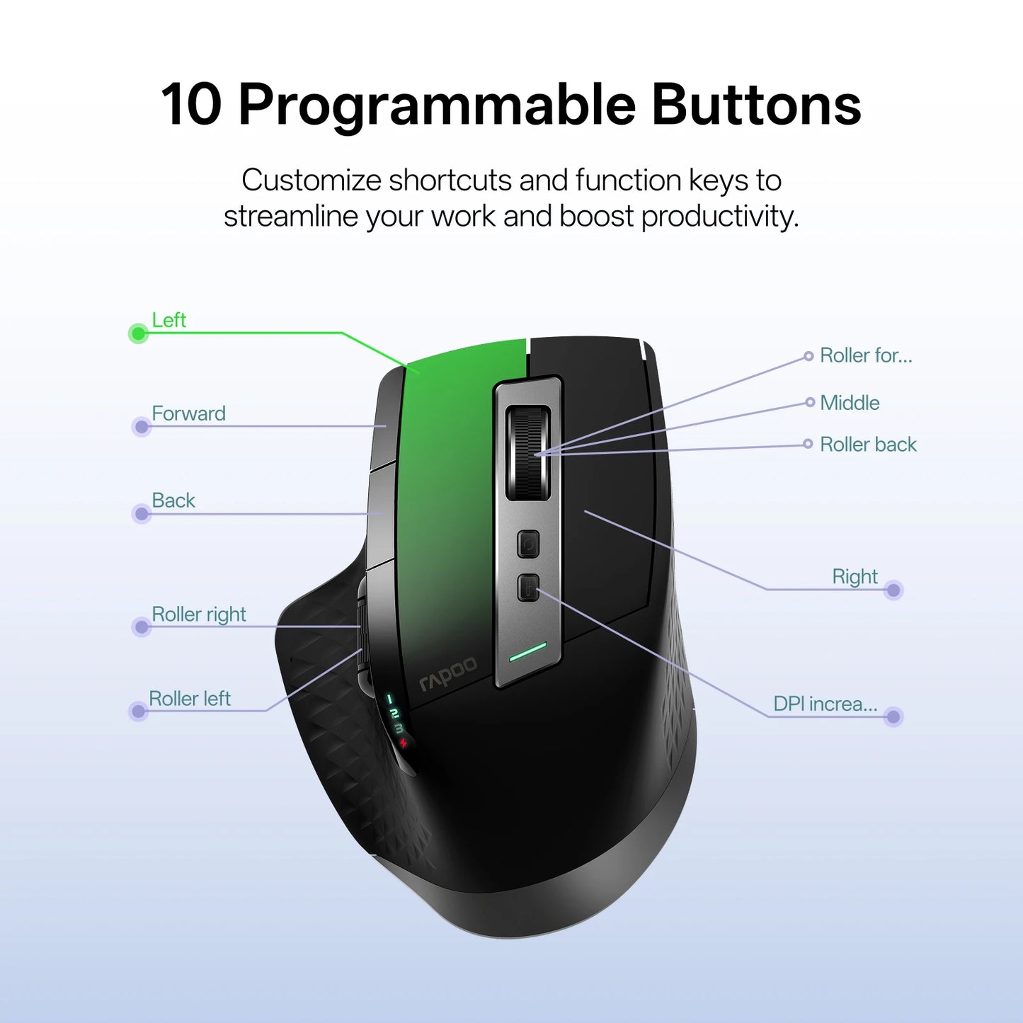 Rapoo New MT710L Multi-mode Rechargeable Wireless Bluetooth Mouse Ergonomic 4000 DPI Support Up to 4 Devices Office Mice