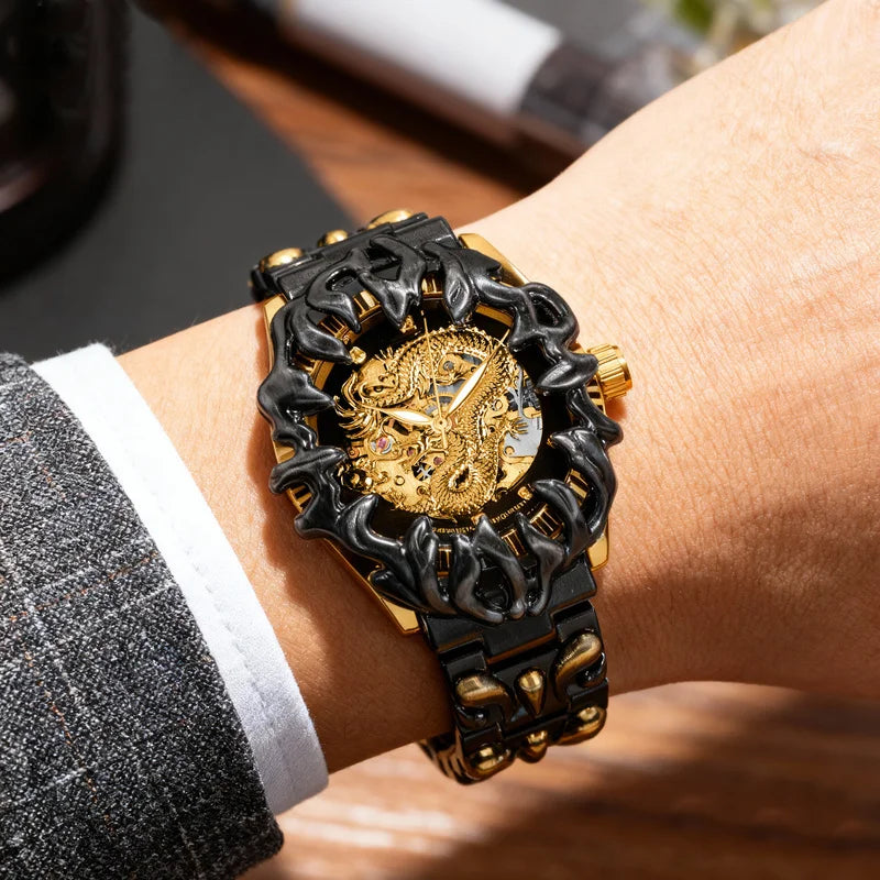 A men's yellow and black retro style classical irregular dragon patterned tourbillon mechanical watch