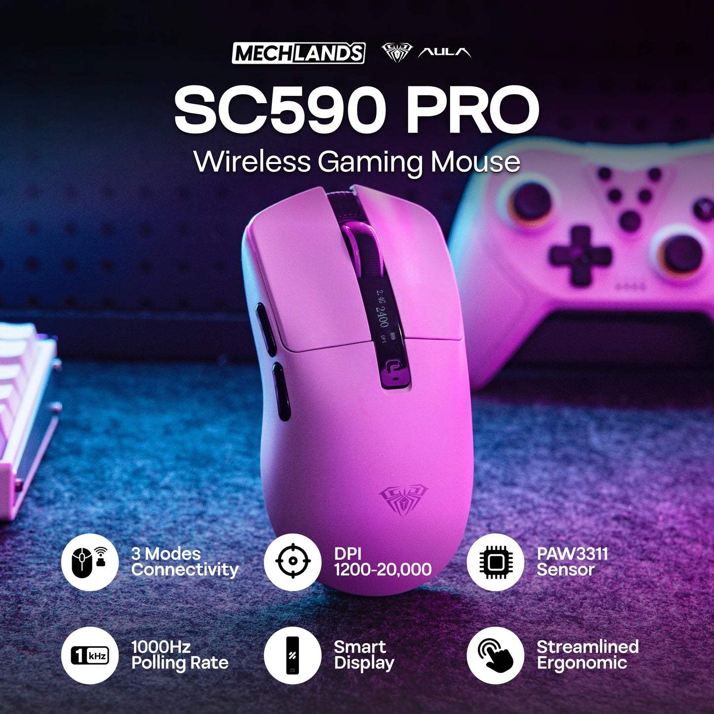 AULA SC590 PRO Wired/Bluetooth/2.4GHz Wireless Gaming Mouse 20000 DPI & PAW3311 Sensor with 1000 Polling Rate for Win/Mac/Gaming