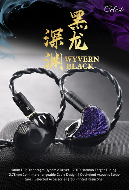 Celest Wyvern Black In-Ear Monitor Wired IEM Gaming Earbuds with Microphone HiFi Bass 10mm Driver Detachable Cable