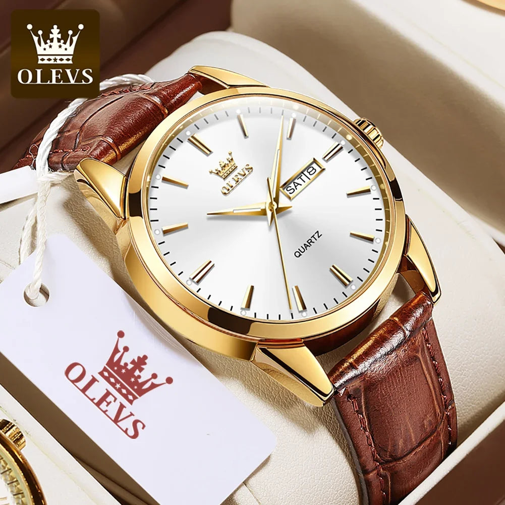 Montre à quartz OLEVS pour homme – Style luxe et élégant, bracelet en cuir, affichage de la date et du jour, étanche, idéale pour le travail