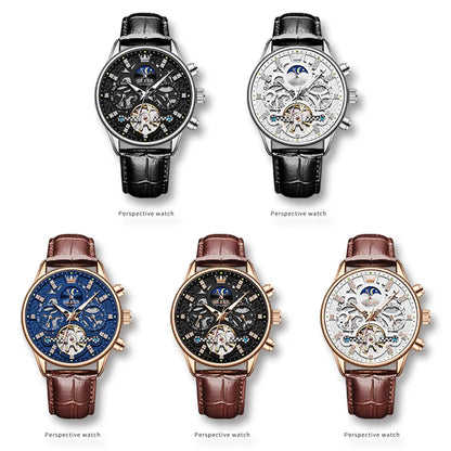 OLEVS 6658 Automatic Mechanical Watch for Man Leather Strap Waterproof Moon Phase Business Dress Men's Watches