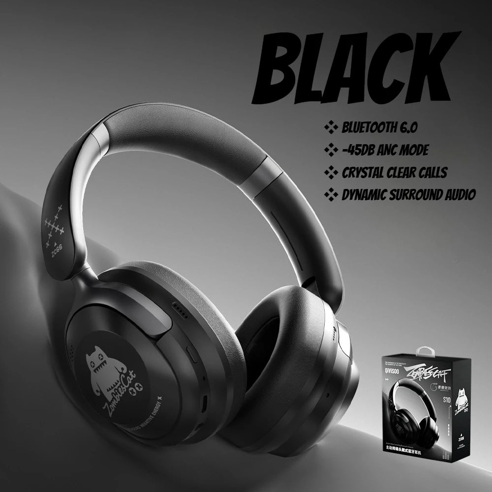 Zombies Cat S10 ANC Bluetooth 6.0 Headphones -45dB Active Noise Canceling Earphone HiFi Stereo Over-Ear Wire/Wireless Headset