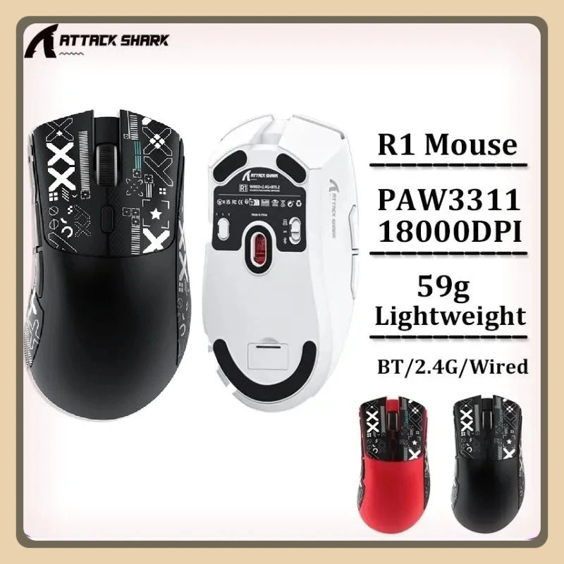 Ratón gaming inalámbrico Bluetooth Attack Shark R1 2.4G USB, 18K DPI, PAW3311, conectividad tri-modo, ligero 59g, para PC, portátil y Mac