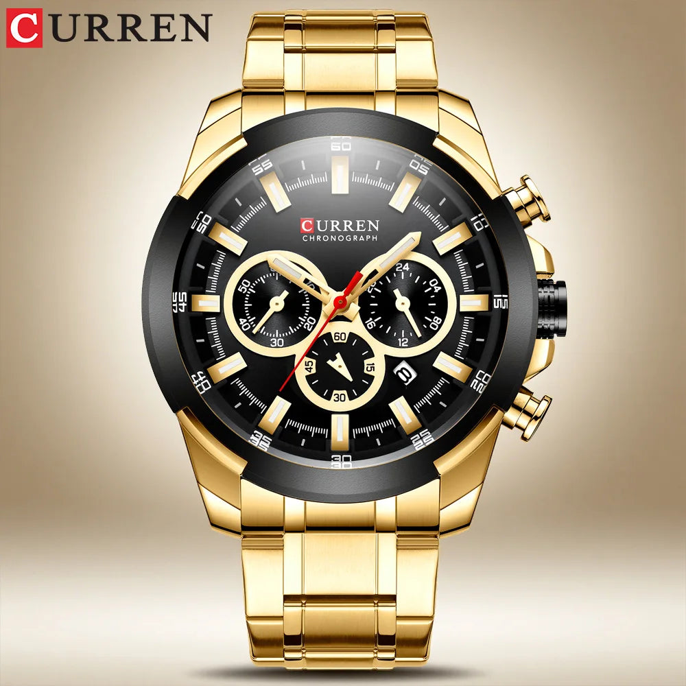 Pánské chronografové hodinky CURREN, velký ciferník o průměru 48 mm, náramek z nerezové oceli, tři pomocné ciferníky, sportovní náramkové hodinky s quartzovým strojkem, luxusní styl
